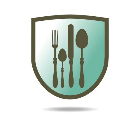 Spoon knife fork and teaspoon silhouettes on a shield Stock Illustration
