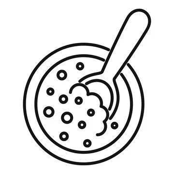 Spoon picking up lumpy cereal from bowl in outline style Stock Illustration