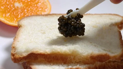 Spoon Placing Luxury Black Caviar on Toast Slice Stock Footage 339640268