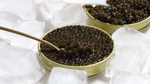 Spoon Scooping Luxury Black Caviar on Ice Close Up Stock Footage 339640328