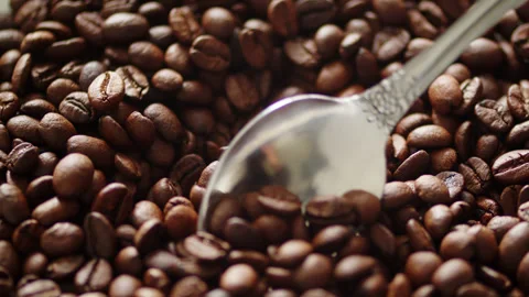 Spoon scooping roasted brown coffee beans from a pile. Stock Footage 337127093