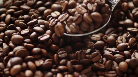 Spoon scooping roasted brown coffee beans from a pile. Close up texture of .. Vidéo 337128257