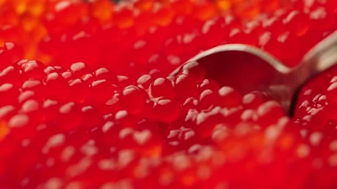 The spoon scoops up red caviar. macro Stock Footage 161177802