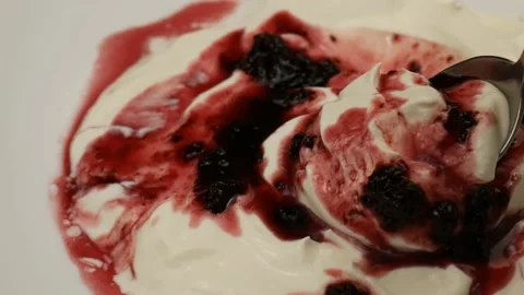 Spoon scoops sour cream with jam 스톡 동영상 188726536