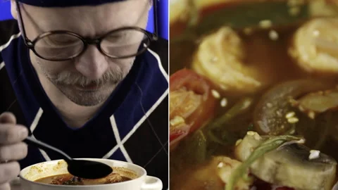 Spoon with shrimp. Tom yam. Stock Footage 149114140