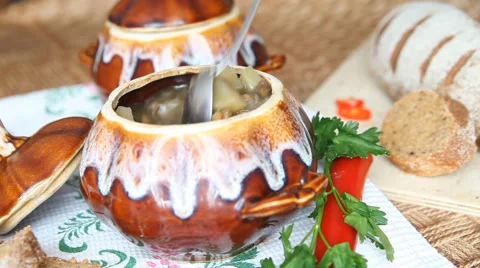 Spoon stir soup in a pot Stock Footage 61943650