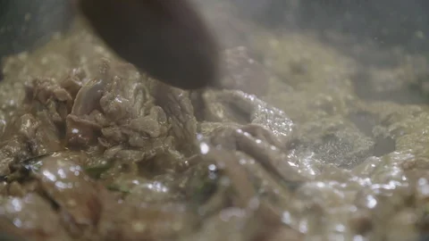 Spoon stirring a beef stew in slow motion Stock Footage 129016141
