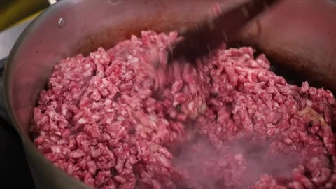 Spoon Stirs Raw Minced Beef Browning In Hot Pan For Cooking Dish Stock Footage 331634220