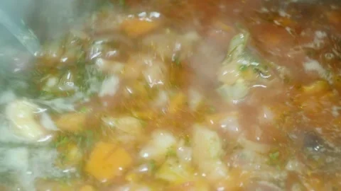 Spoon stirs red borscht with meat, a popular dish in Ukraine, Moldova and Ru Vídeos de archivo 231325598