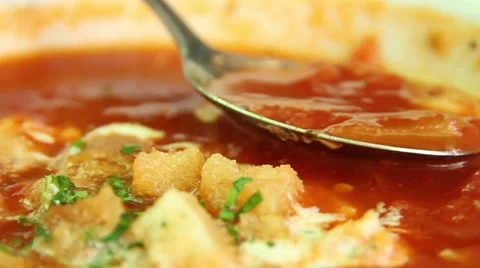 Spoon taking tomato soup Stock Footage 47212175