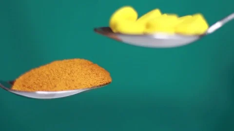 Spoon with turmeric and spoon with pills Видео 80799623