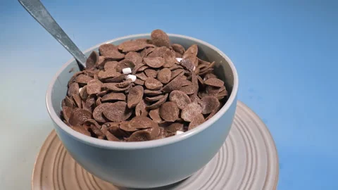 Spoonful of Chocolate Cereal Flakes and Marshmallows in Milk Macro Stock Footage 341962492