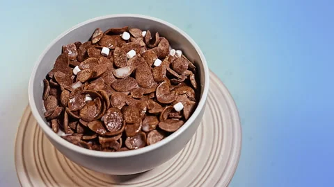 Spoonful of Chocolate Cereal Flakes and Marshmallows in Milk Macro Stock Footage 341962855