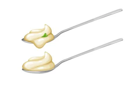 Spoons with mayonnaise sauce side view.Vector illustration in realistic style Stock Illustration
