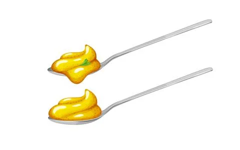Spoons with mustard sauce side view.Vector illustration in realistic style Stock Illustration