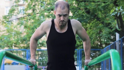 Sport athlete doing exercise on uneven bars gym  lifestyle fitness 스톡 동영상 112613351