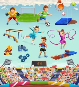 Sport athletes and equipment, vector icons set Stock Illustration