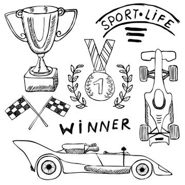 Sport auto items doodles elements. Hand drawn set with Flag icon. Checkered o イラスト素材