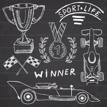 Sport auto items doodles elements. Hand drawn set with Flag icon. Checkered o イラスト素材