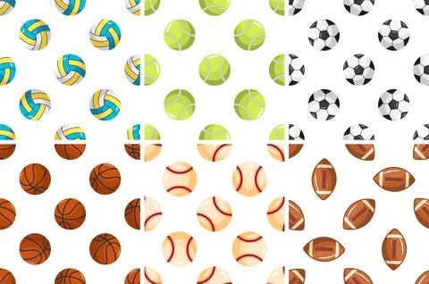 Sport ball pattern repeating on white background, including volleyball, tennis Stock Illustration