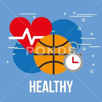Sport basketball ball stopwatch and heartbeat healthy Stock Illustration
