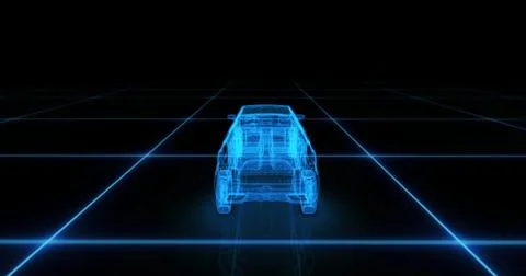 Sport car wire model with blue neon ob black background Stock Illustration