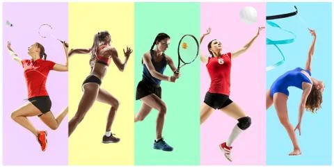 Sport collage about female athletes or players. The tennis, running, badminton Stock Photos