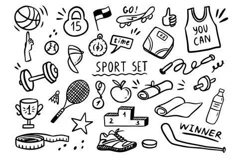 Sport elements doodle. Funny hand drawn Cute cartoon black and white collection. Stock Illustration