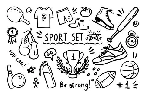 Sport elements doodle. Funny hand drawn Cute cartoon black and white collection. Stock Illustration