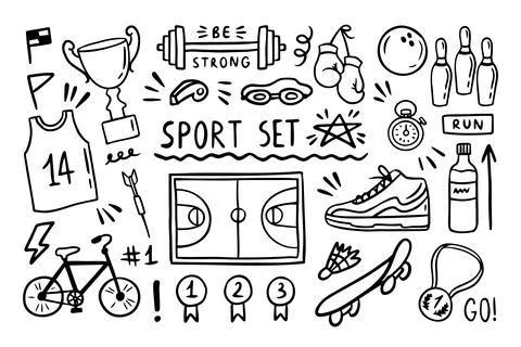 Sport elements doodle. Funny hand drawn Cute cartoon black and white collection. Stock Illustration