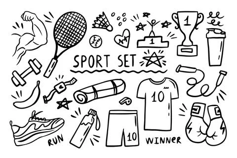 Sport elements doodle. Funny hand drawn Cute cartoon black and white collection. Stock Illustration