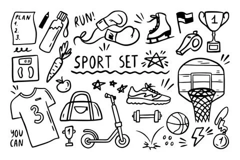 Sport elements doodle. Funny hand drawn Cute cartoon black and white collection. Stock Illustration