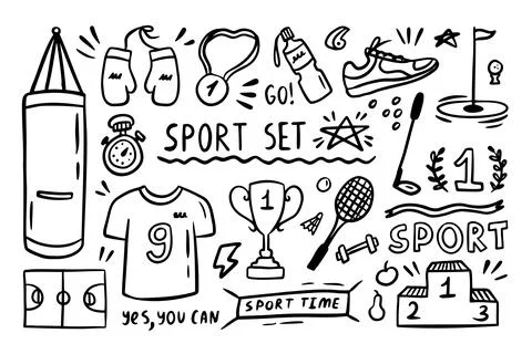 Sport elements doodle. Funny hand drawn Cute cartoon black and white collection. Stockillustratie