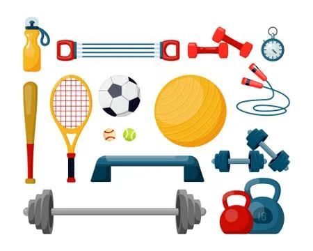 Sport equipment flat vector illustrations set. Fitness Stockillustratie