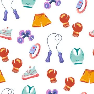 Sport equipment seamless pattern. Different Fitness inventory, gym accessorie Stock Illustration