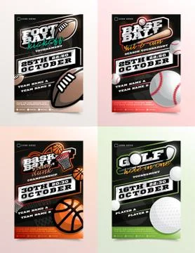 Sport Flyer Ad Set Vector. Football, Golf, Baseball, Basketball emblem logo.  Stock Illustration