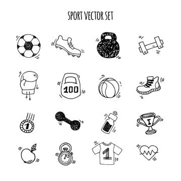 Sport hand drawn set vector white and black. Stock Illustration
