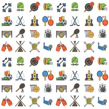 Sport icons seamless pattern background in flat design line pictogram fitness Stock Illustration