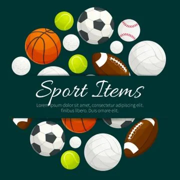 Sport items and balls vector label emblem Illustrazione stock