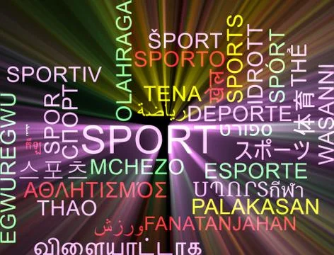 Sport multilanguage wordcloud background concept glowing Stock Illustration