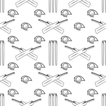 Sport pattern. Cricket retro background. Seamless of accessories. Bat ball Illustrazione stock