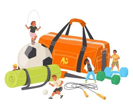 Sport poster with cartoon vector tiny children doing physical exercise Illustrazione stock