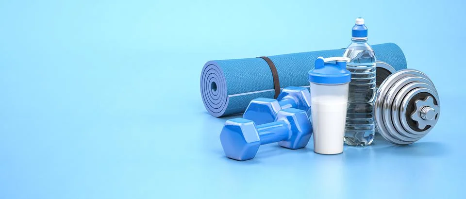 Sport quipment, mat, dumbells and protein shaker  for fitness and gym on blue Stock-Illustration