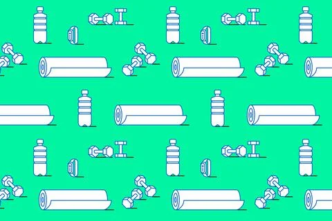 Sport seamless pattern. Bottle, dumbbells, bracelet, mat Stock Illustration