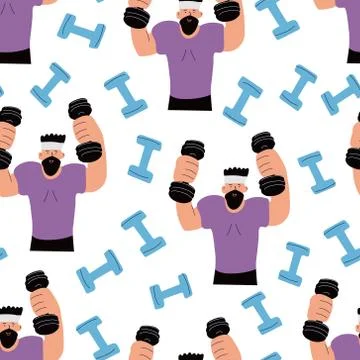 Sport seamless pattern with dumbbells and coaches. Stock Illustration