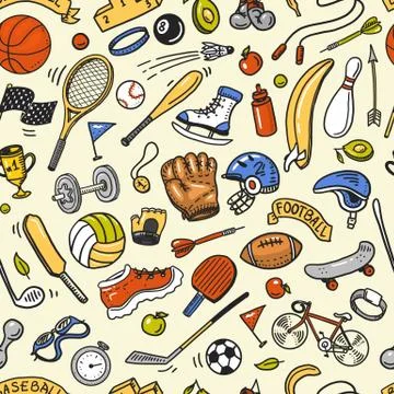 Sport Seamless pattern. Icons doodle style. Equipment for fitness and training Stock Illustration