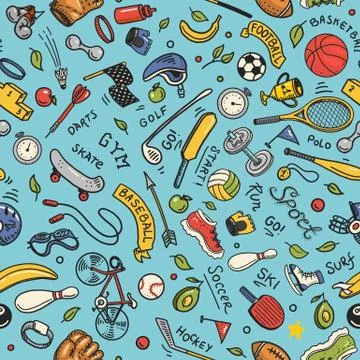 Sport Seamless pattern. Icons doodle style. Equipment for fitness and training Stock Illustration