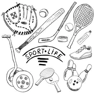 Sport sketch doodles elements. Hand drawn set with baseball bat and glove, se Illustrazione stock
