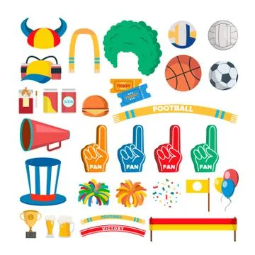 Sport Team Supporters Tools Set Vector. Accessories. Hat, Flag, Scarf. Isolat Ilustração Stock