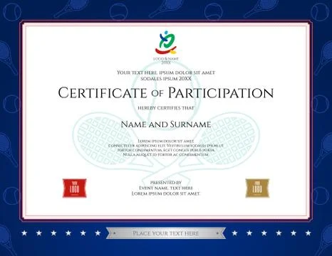 Sport theme certification of participation template for sport or tennis event Stock Illustration